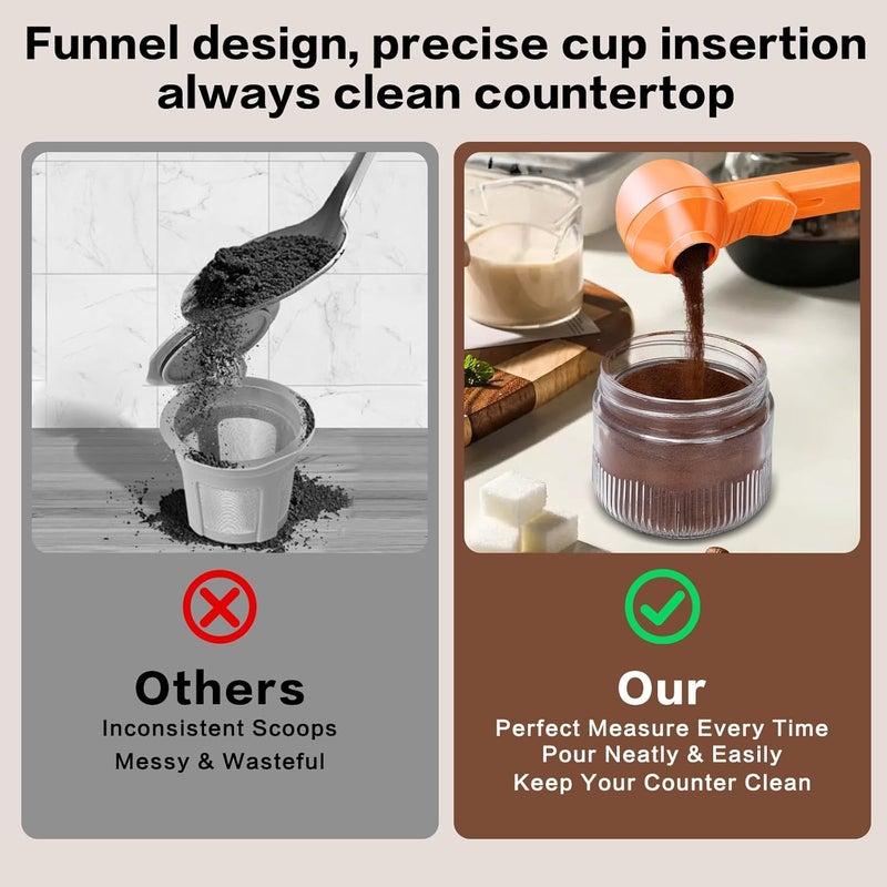 CEILUPY 2-in-1 Coffee Scoop with Funnel, 2 Teaspoon Measuring Spoon for Reusable K Cups, Ground Coffee, Protein Powder & Tea, Mess-Free Plastic Design (Orange) - Image 4